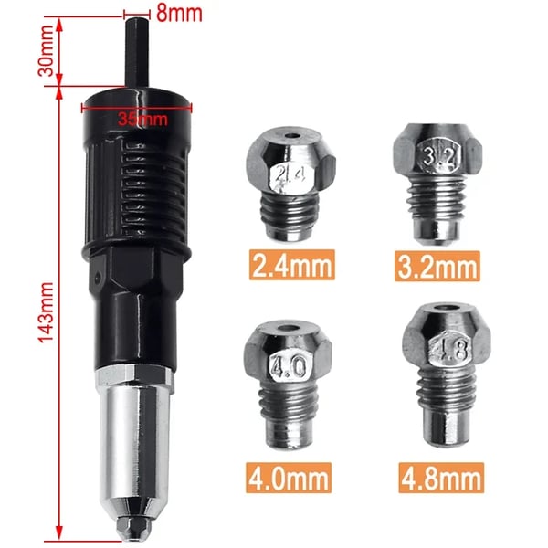 Pack Of 02 - Professional Rivet Gun Adapter Set With 4 Nozzle Screws